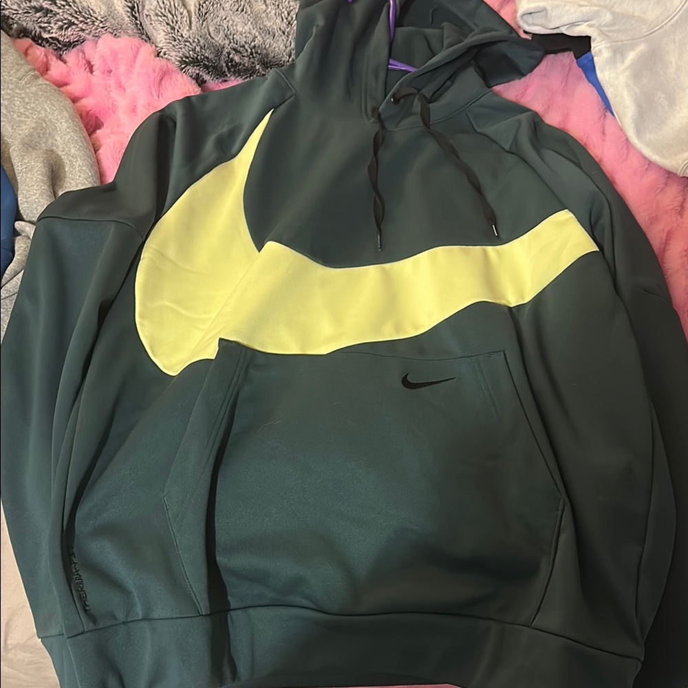 Nike Forest Green Hoodie with Neon Yellow Swoosh